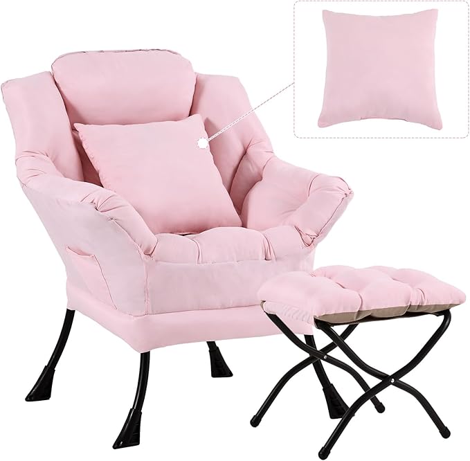 Lazy Chair with Ottoman, Comfy Reading Lounge Chair with Footstool & Throw by YOTATING