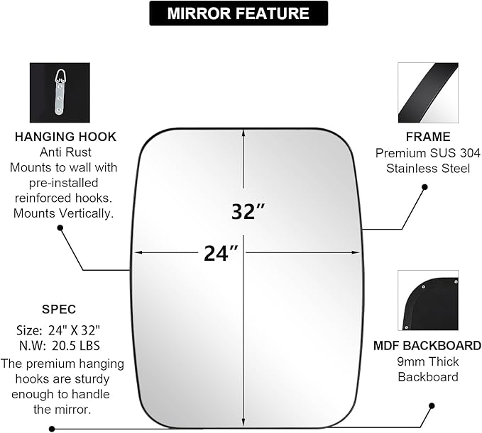 ANDY STAR Oval Bathroom Mirror, 24x32’’ Matte Black Metal Frame Oblong Mirror - Image 3