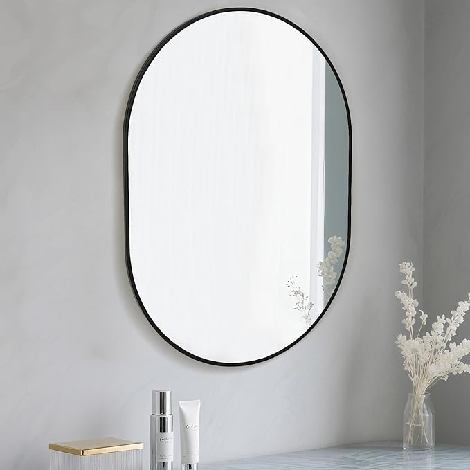 Oval Bathroom Mirror 22x30 Inch, Pill Shape Black Framed Wood Wall Mirrors - Image 2