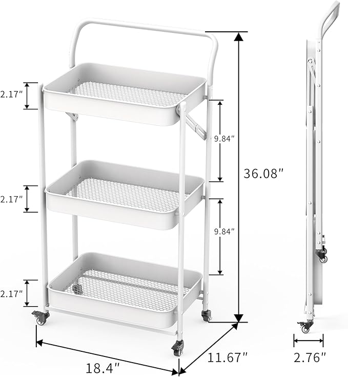 JAQ Foldable Rolling Cart, 3-Tier Metal Small Folding Storage Utility Carts - Image 3