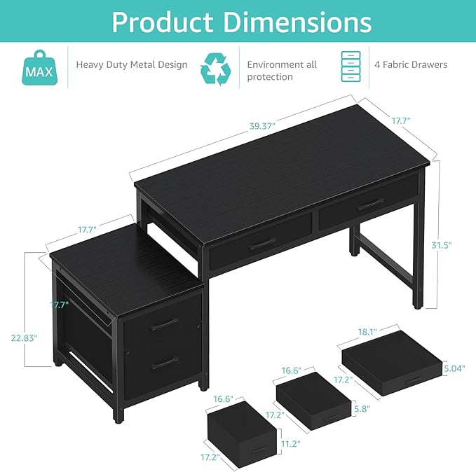 Lufeiya Gaming Desk with Fabric File Drawers Cabinet, 57 Inch Home Office Desks - Image 3