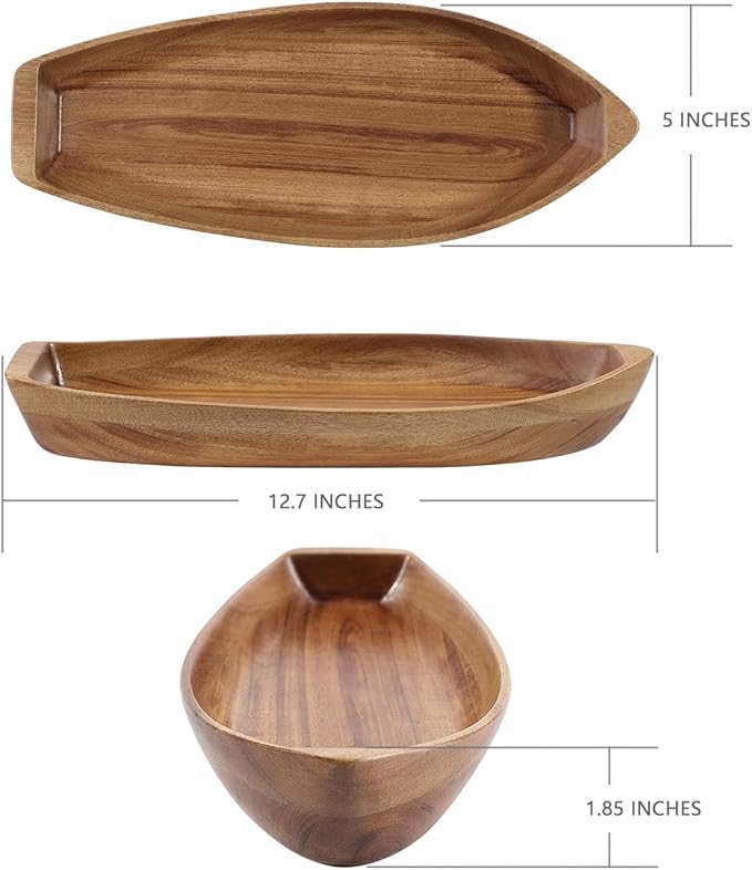 Lucky Boat Serving Tray, Acacia Solid Wood Boat Shape Plate - Image 4