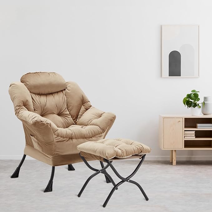 Lazy Chair with Folding Ottoman, Accent Chair Velvet Upholstered with Metal - Image 9