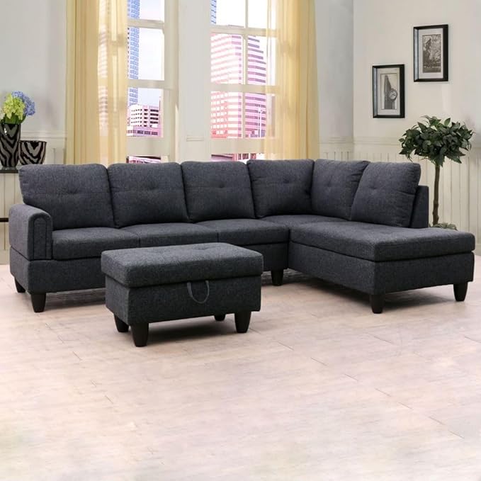 Black Grey L-Shaped 3-Piece Linen Sofa by Unknown