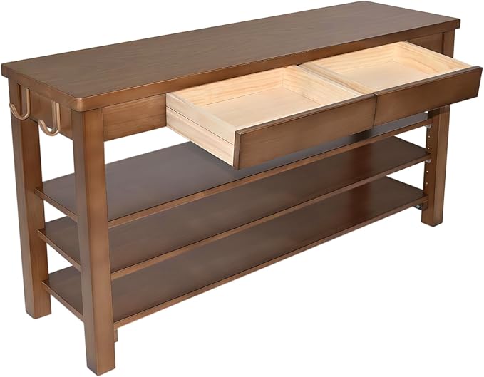 Wood Shoe Bench Entryway with Drawer: 3-Tiers Wooden Storage Shoe Rack with - Image 7