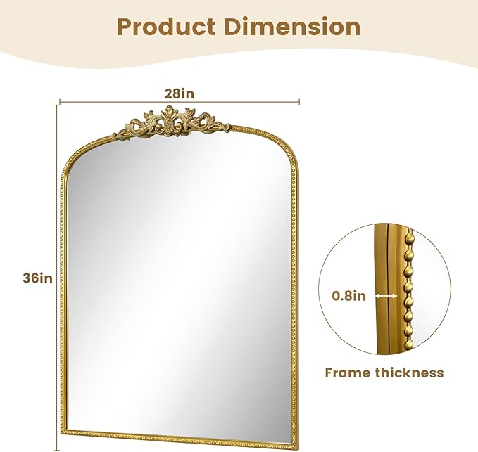WallBeyond Gold Vintage Mirror for Vanity 28x36 Inch, Arched Vintage Wall - Image 8