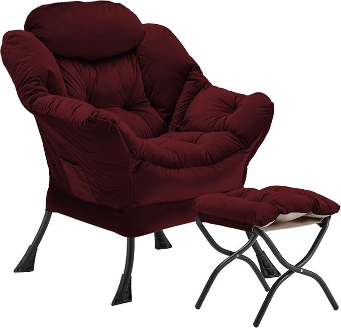 Lazy Chair with Folding Ottoman, Accent Chair Velvet Upholstered with Metal by Youtanic