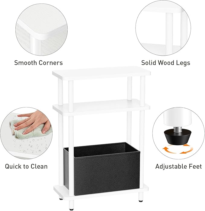Narrow Side Table with Fabric Basket, 3 Tier Skinny End Table with Wood Legs - Image 6