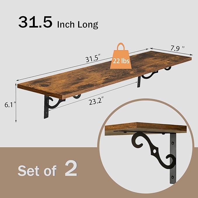 DINZI LVJ Long Wall Shelves, 31.5 Inch Large Floating Shelves Set of 2 - Image 3