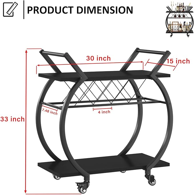LVB Black Wine Cart with Wheels, Modern Bar Cart with Wine Rack, Industrial - Image 2