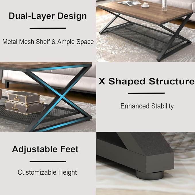 LVB Wood Coffee Table, Metal Wooden 2 Tier Center Tables - Image 6