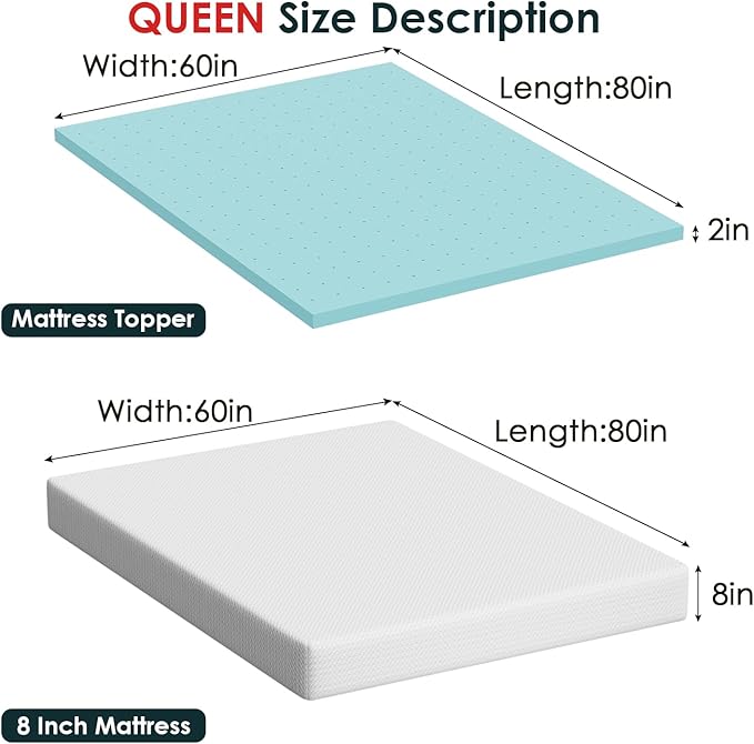 FDW | 8" Queen Mattress + 2" Cooling Mattress Topper | Gel Memory Foam | Medium - Image 2