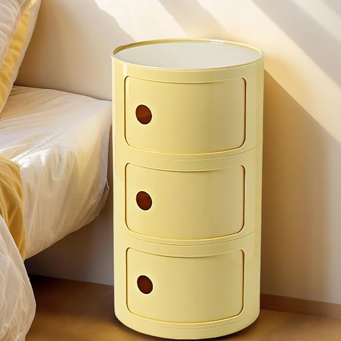 3 Tier Round Nightstand with Drawers, Light Yellow Round Side Table Small - Image 6