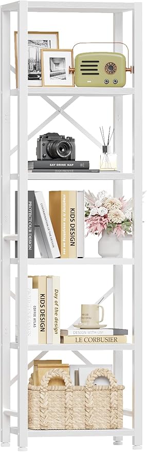 Furologee White Bookshelf 6 Tier Tall Narrow Bookcase, Modern Display Standing by Furologee