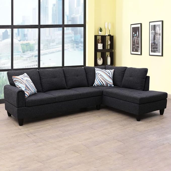 Black Grey L-Shaped 3-Piece Linen Sofa - Image 7