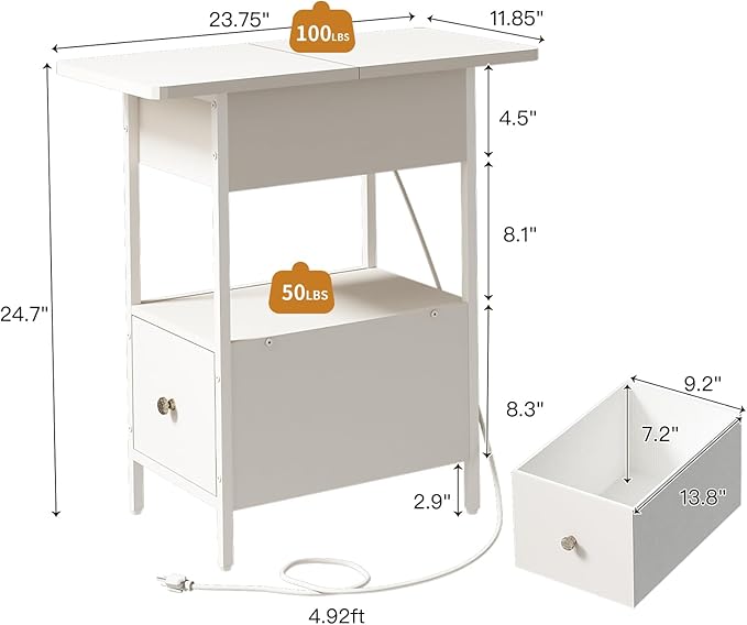 SOOWERY End Table with Charging Station, Narrow Side Table with Flip Top - Image 3