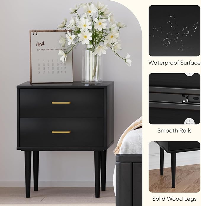 Black Nightstand with 2 Drawers, Tall Modern Night Stand Black, Wooden Night - Image 3