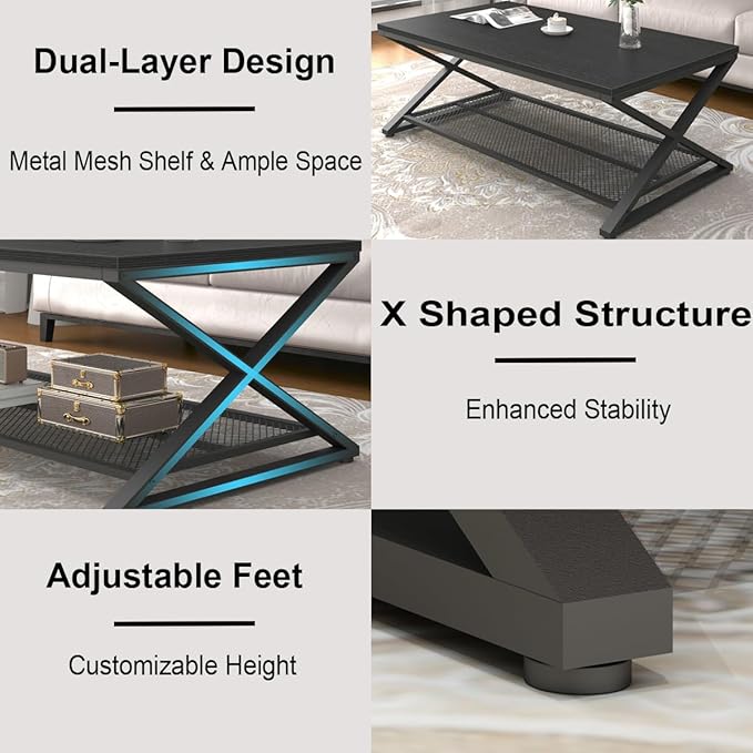 LVB Black Coffee Table, Wood Metal 2 Tier Center Tables - Image 7