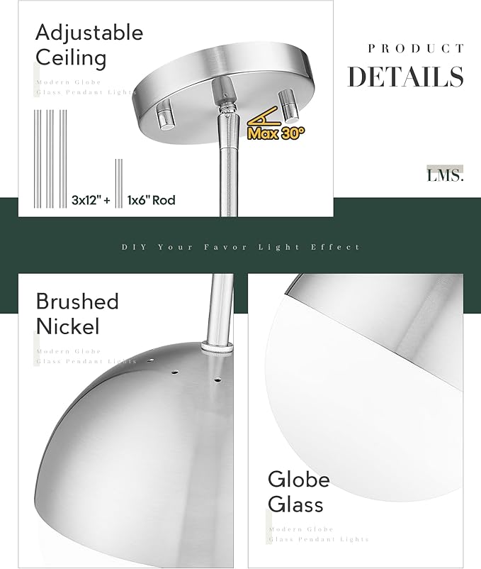LMS 2 Pack Modern Pendant Lights, Mid Century Brushed Nickel Kitchen Lighting - Image 3