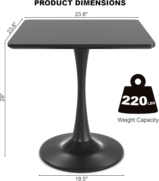 24" Black Small Dining Table for 2 or 4, Small Square Tulip Table for Kitchen - Image 2