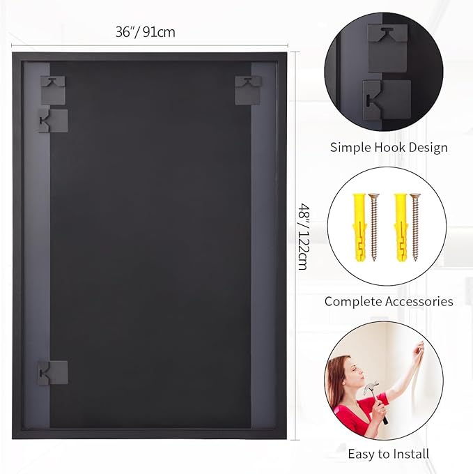 Koonmi Black Mirrors for Wall, 36x48 Inch Bathroom Mirror, Rectangular Wall - Image 7