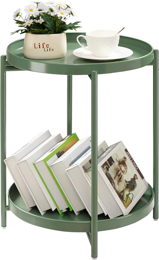TeoKJ 2 Tier Green Side Table, Folding Round Metal End Table Small Nightstand by TeoKJ