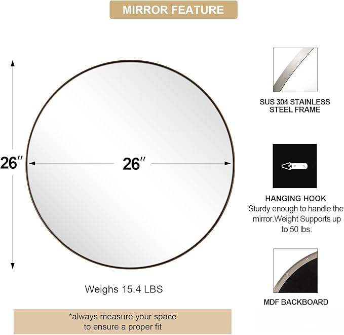ANDY STAR Nickel Round Mirror, Sliver Circle Bathroom Mirrors in Stainless - Image 2