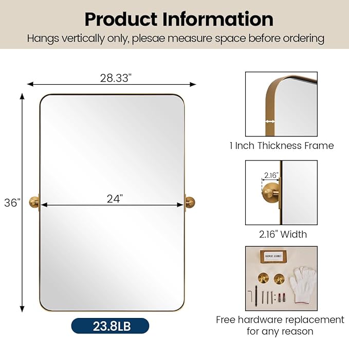 MOON MIRROR 24" x 36" Brushed Gold Metal Framed Pivot Rectangle Bathroom Mirror - Image 3