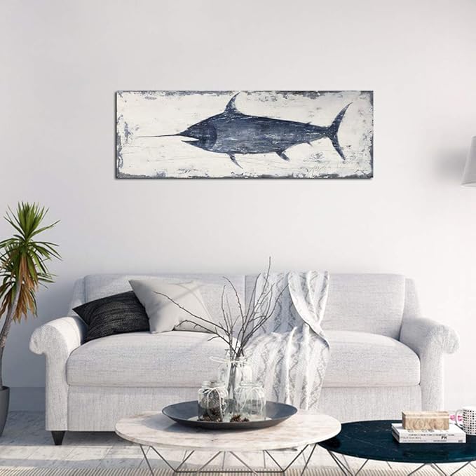 Yihui Arts Indigo Blue Swordfish Canvas Wall Art Painting Pictures - Image 3
