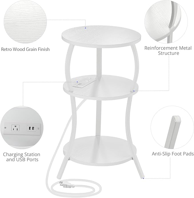 Small Round Side Table with Charging Station, 3-Tier Waist Circular End Table - Image 4