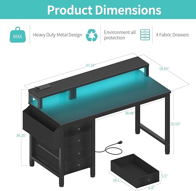 Lufeiya Gaming Desk with LED Lights and Power Outlets, 47 inch Computer Desk - Image 3