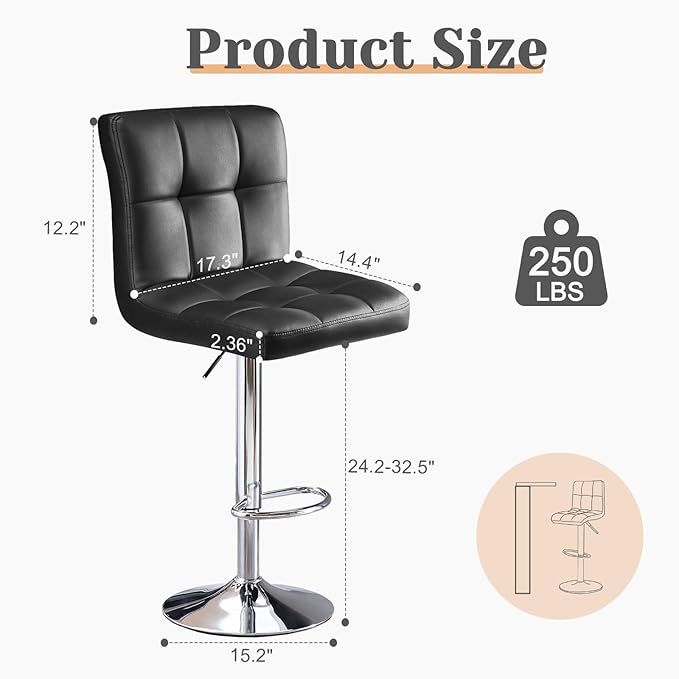 Sweetcrispy Bar Stools Set of 4, Armless PU Leather Adjustable Swivel Barstools - Image 3