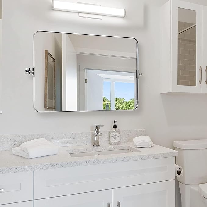 MOON MIRROR 36" x 24" Brushed Nickel Rectangle Bathroom Mirror, Tilting Rounded by MOONMIRROR
