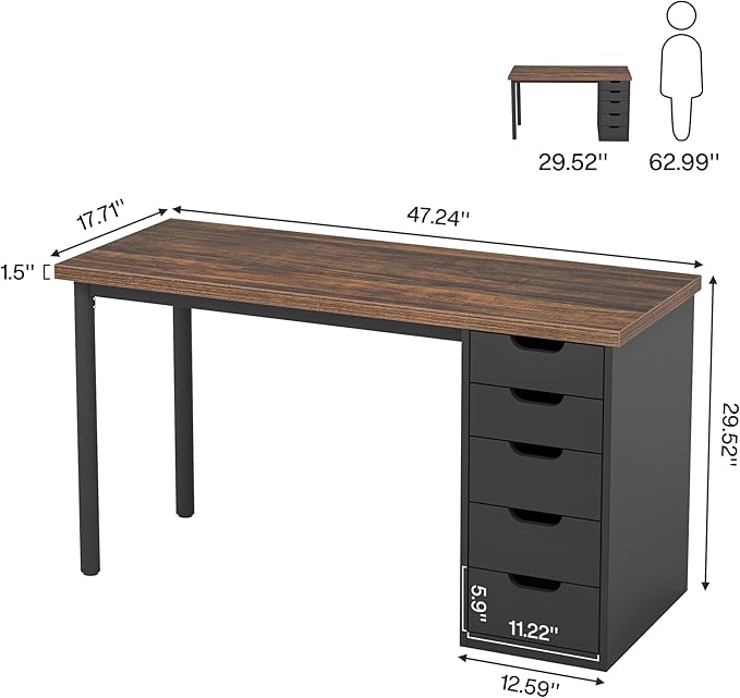 Tribesigns Computer Desk with 5 Drawers, 47 inches Rustic Brown Home Office - Image 2
