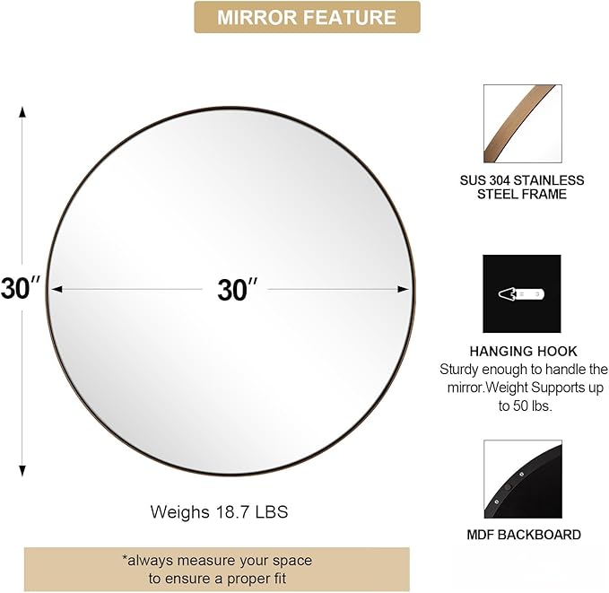 ANDY STAR Round Wall Mirror, 30 Inches Brushed Bronze Bathroom Mirror, Modern - Image 2
