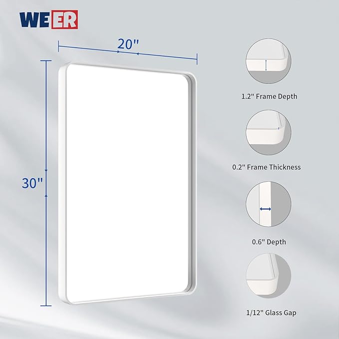 WEER White Bathroom Mirror 20X30 Inch, Rounded Rectangle White Metal Frame - Image 6