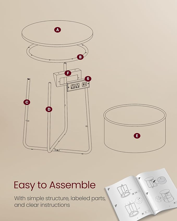 VASAGLE Side Table with Charging Station, Round End Table with Fabric Basket - Image 8