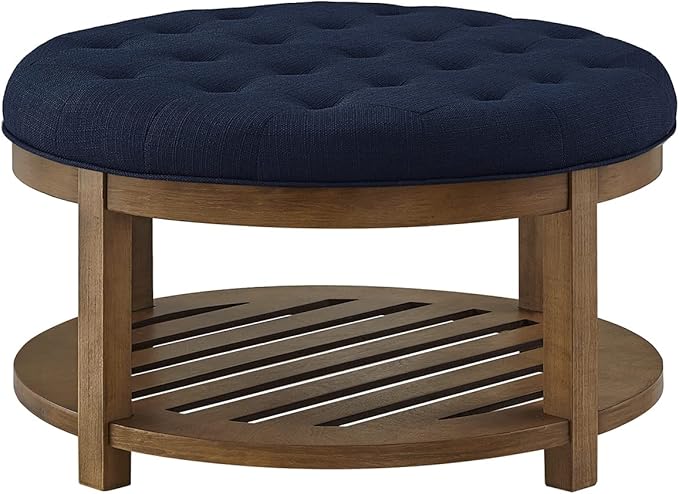 24KF Large Round Upholstered Tufted Linen Ottoman Coffee Table, Large Footrest - Image 4
