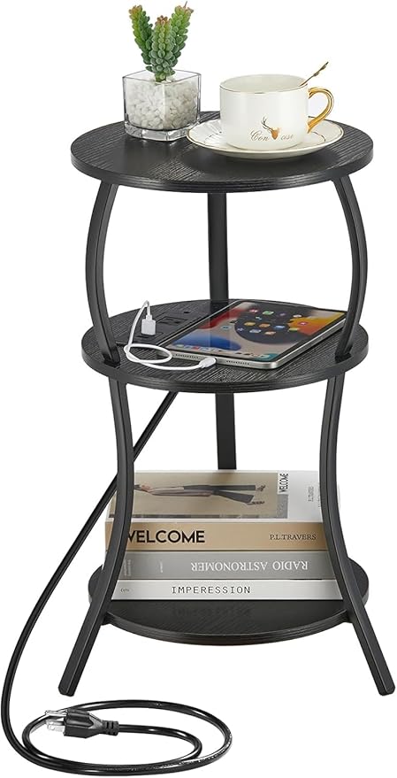 Small Round Side Table with Charging Station, 3-Tier Waist Circular End Table by YEAKOO