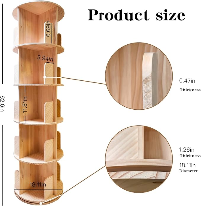 Rotating Bookshelf, 360 Display Round 5 Tier Floor Standing Bookcase Storage - Image 3