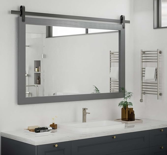 PAIHOME Large Gray Wall Mirror, Farmhouse Horizontal Rustic Square Bathroom by PAIHOME