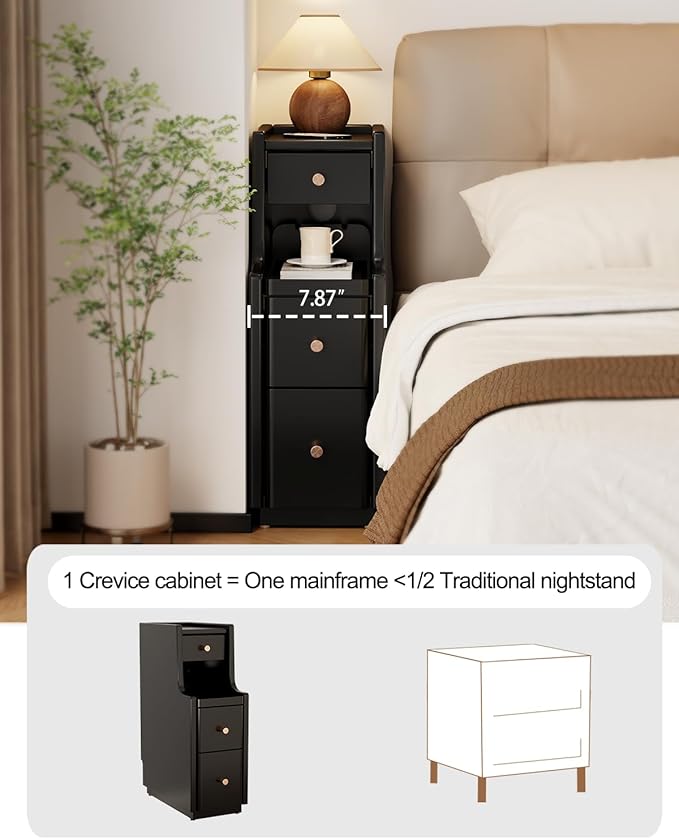 Narrow Nightstand with 3 Drawers, Solid Wood Narrow Bedside Tables, Small - Image 5