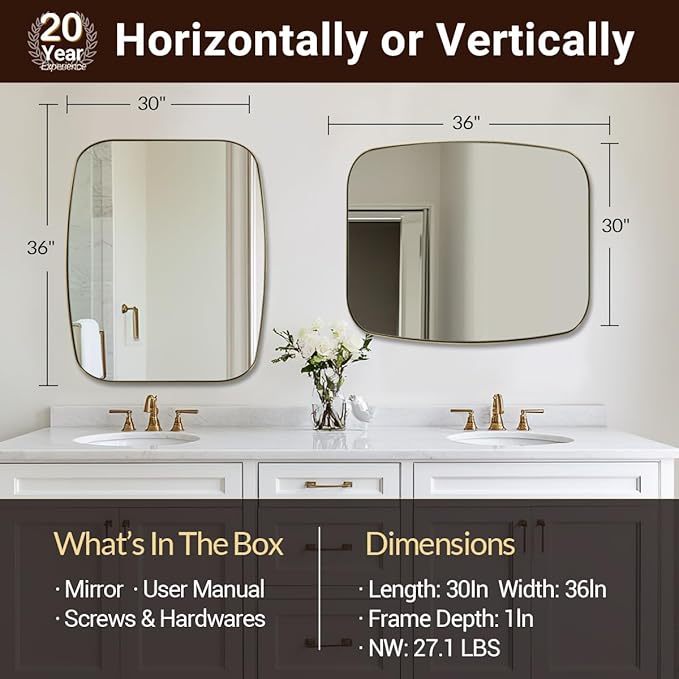 ANDY STAR 30x36” Gold Bathroom Mirror, Oblong Brass Mirror - Image 2