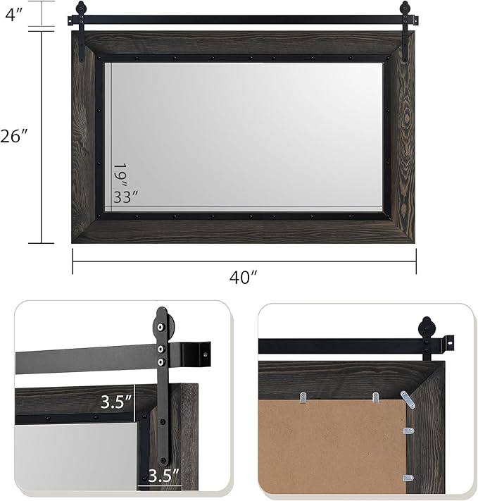 YOSHOOT Farmhouse Barn Door Mirror, Wood Frame Wall Mirror, Wooden Mirror - Image 2