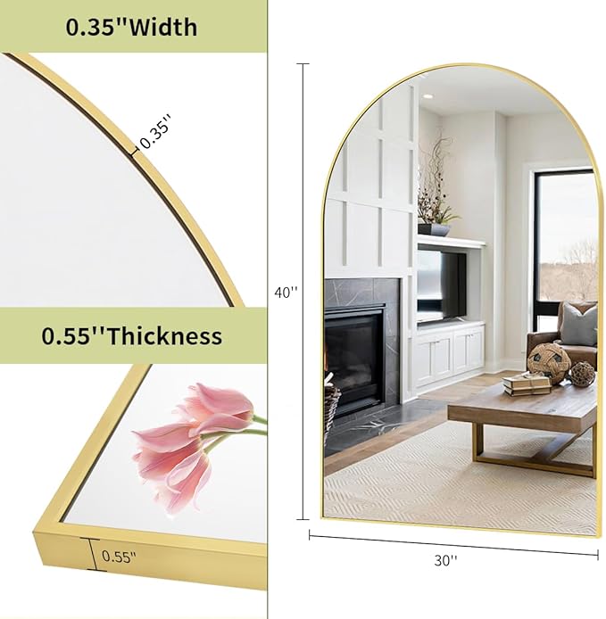BEAUTYPEAK 30"x40" Arch Bathroom Mirror, Wall Mounted Vanity Metal Frame Mirror - Image 3