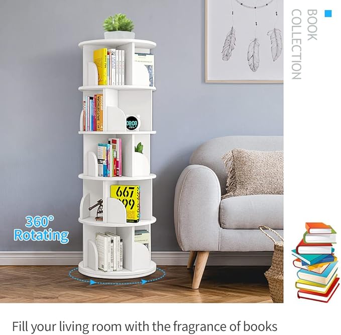 Nisorpa 5 Tier Rotating Bookshelf, 360° Revolving Bookcase Rotating Stackable - Image 7