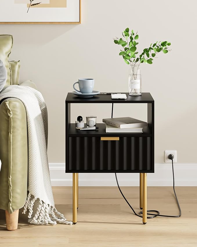 Masupu Nightstand with Charging Station, Mid-Century Modern Bedside Table with - Image 3