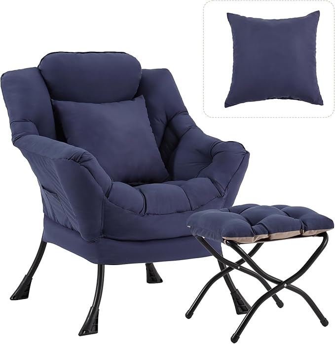 Large Lazy Chair with Ottoman, Accent Reading Chair with a Throw Pillow by HomeEastllyHome