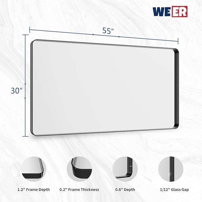 WEER Black Metal Frame Bathroom Mirror, 55x30 Inch Black Bathroom Vanity Mirror - Image 6
