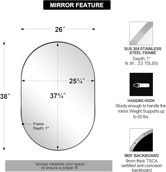 ANDY STAR 26x38’’ Brushed Nickel Oval Bathroom Mirror, Pill-Shaped Nickel - Image 2